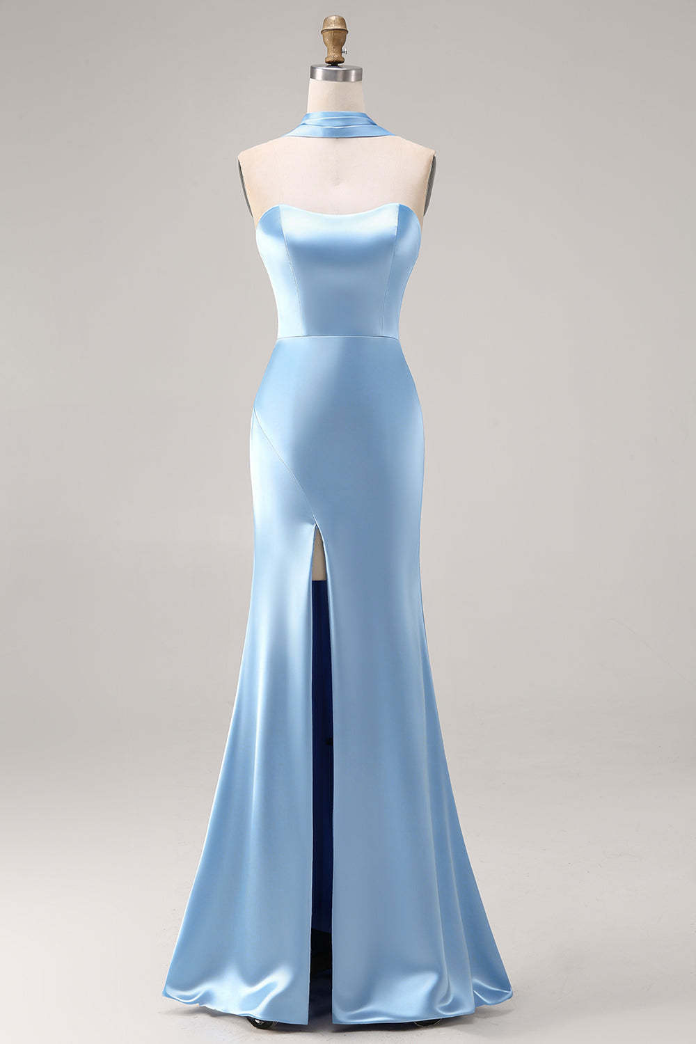 Steel Blue Mermaid Strapless Maxi Bridesmaid Dress with Slit