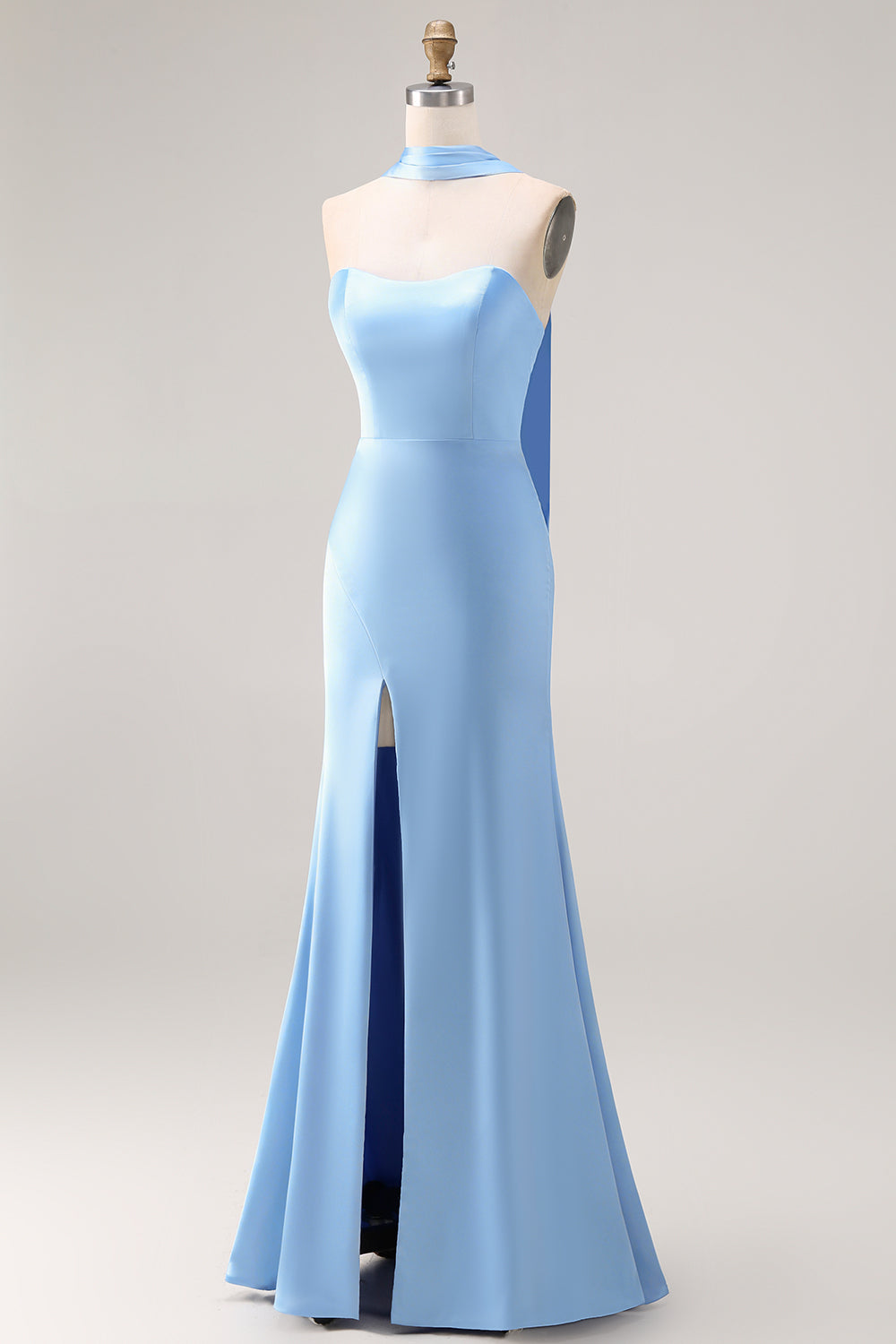 Steel Blue Mermaid Strapless Maxi Bridesmaid Dress with Slit