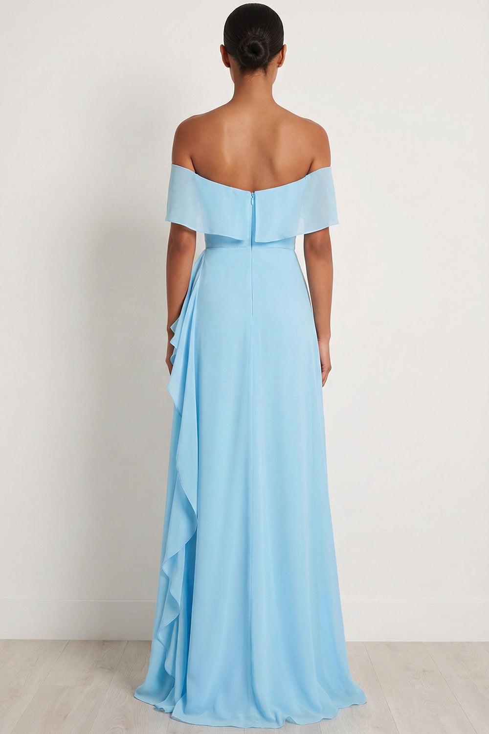 Chiffon A Line Sea Glass Chiffon Off the Shoulder Long Bridesmaid Dress