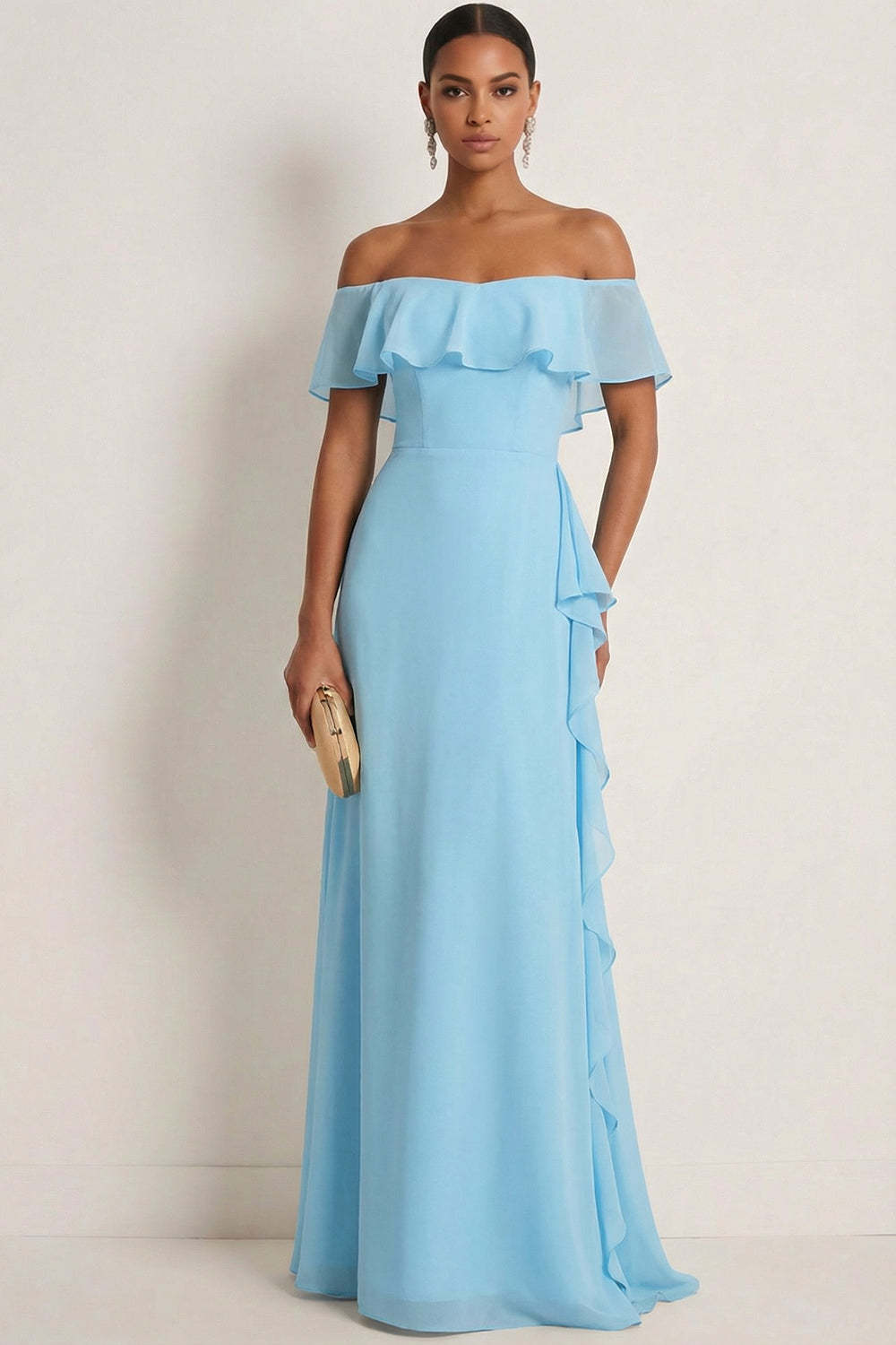 Leely Women Chiffon A Line Sea Glass Chiffon Long Bridesmaid Dress Off the Shoulder Ruffled Backless Wedding Guest Dress