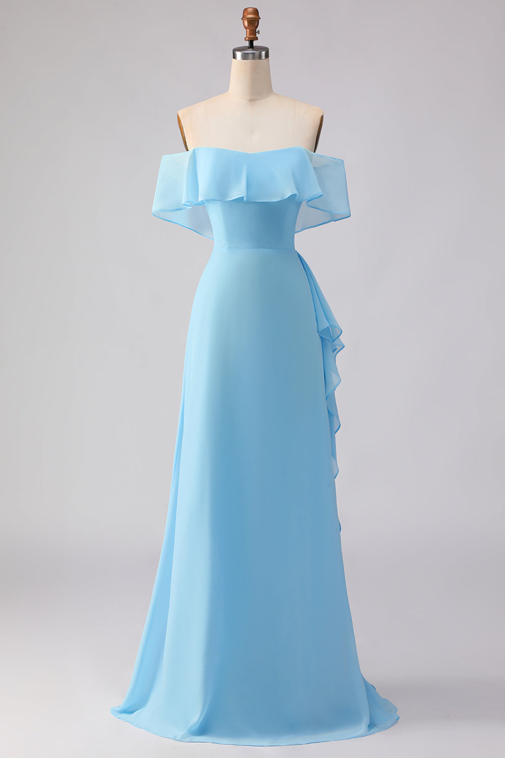 Chiffon A Line Sea Glass Chiffon Off the Shoulder Long Bridesmaid Dress