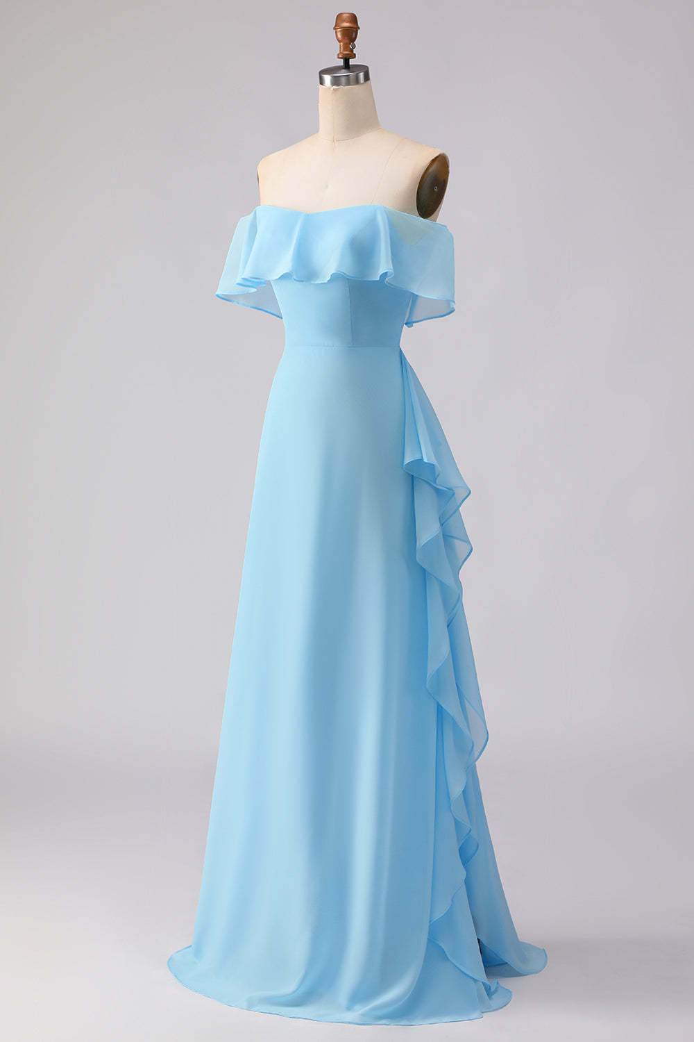 Chiffon A Line Sea Glass Chiffon Off the Shoulder Long Bridesmaid Dress
