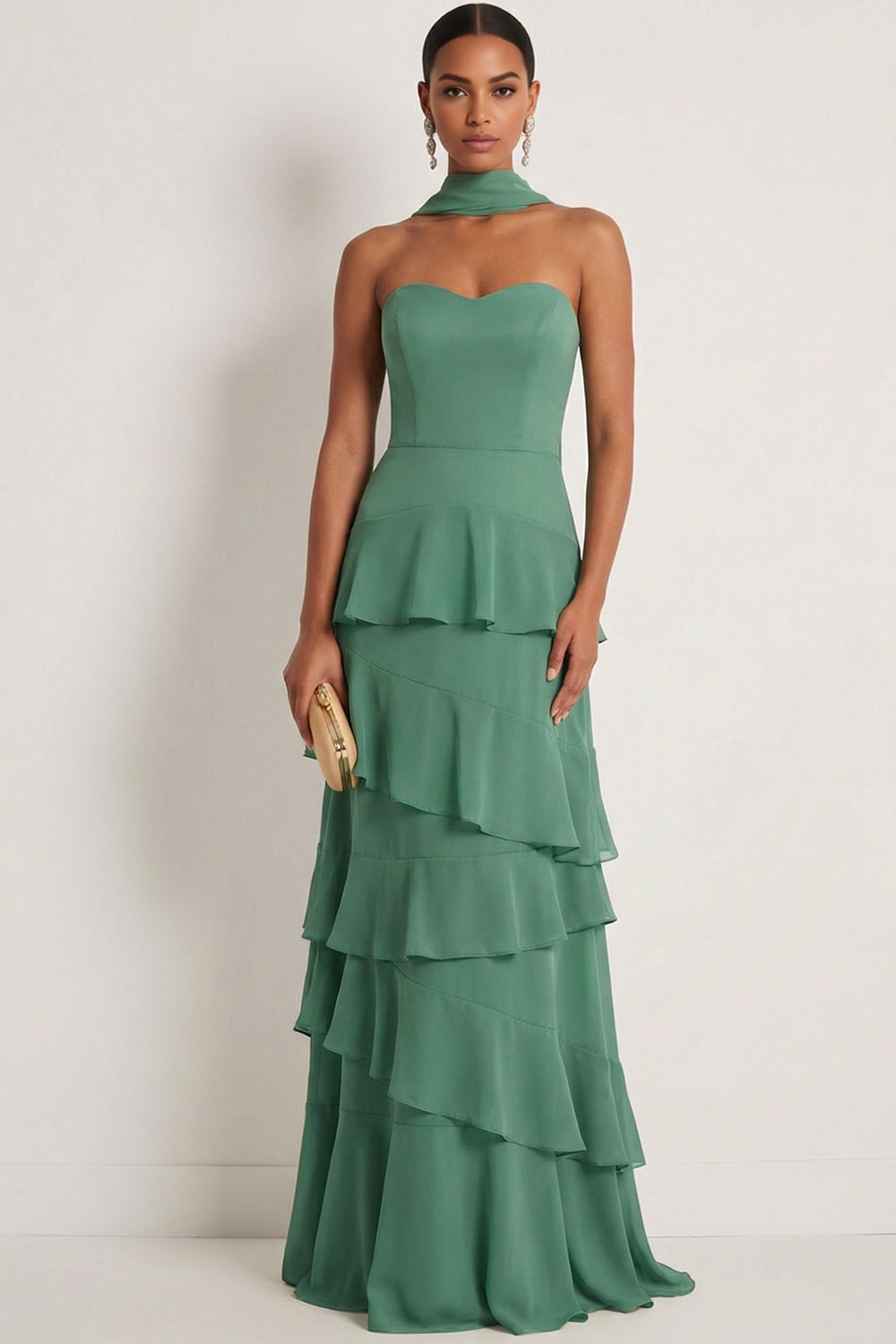 Eucalyptus Sweetheart Ruffled A Line Chiffon Maxi Bridesmaid Dress with Neck Scarf