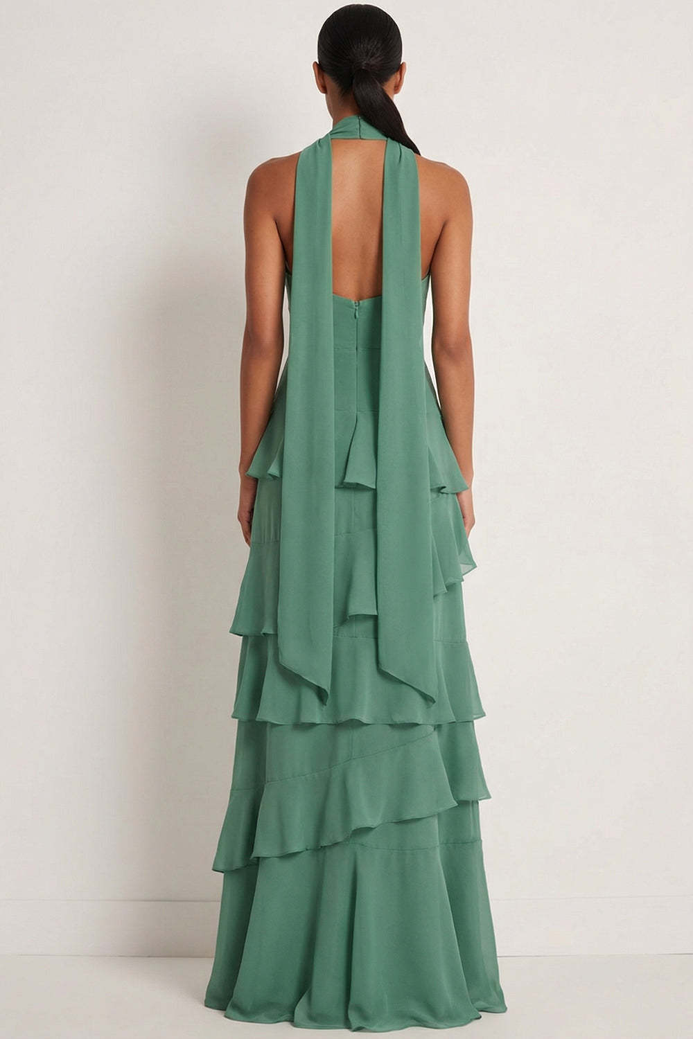 Eucalyptus Sweetheart Ruffled A Line Chiffon Maxi Bridesmaid Dress with Neck Scarf