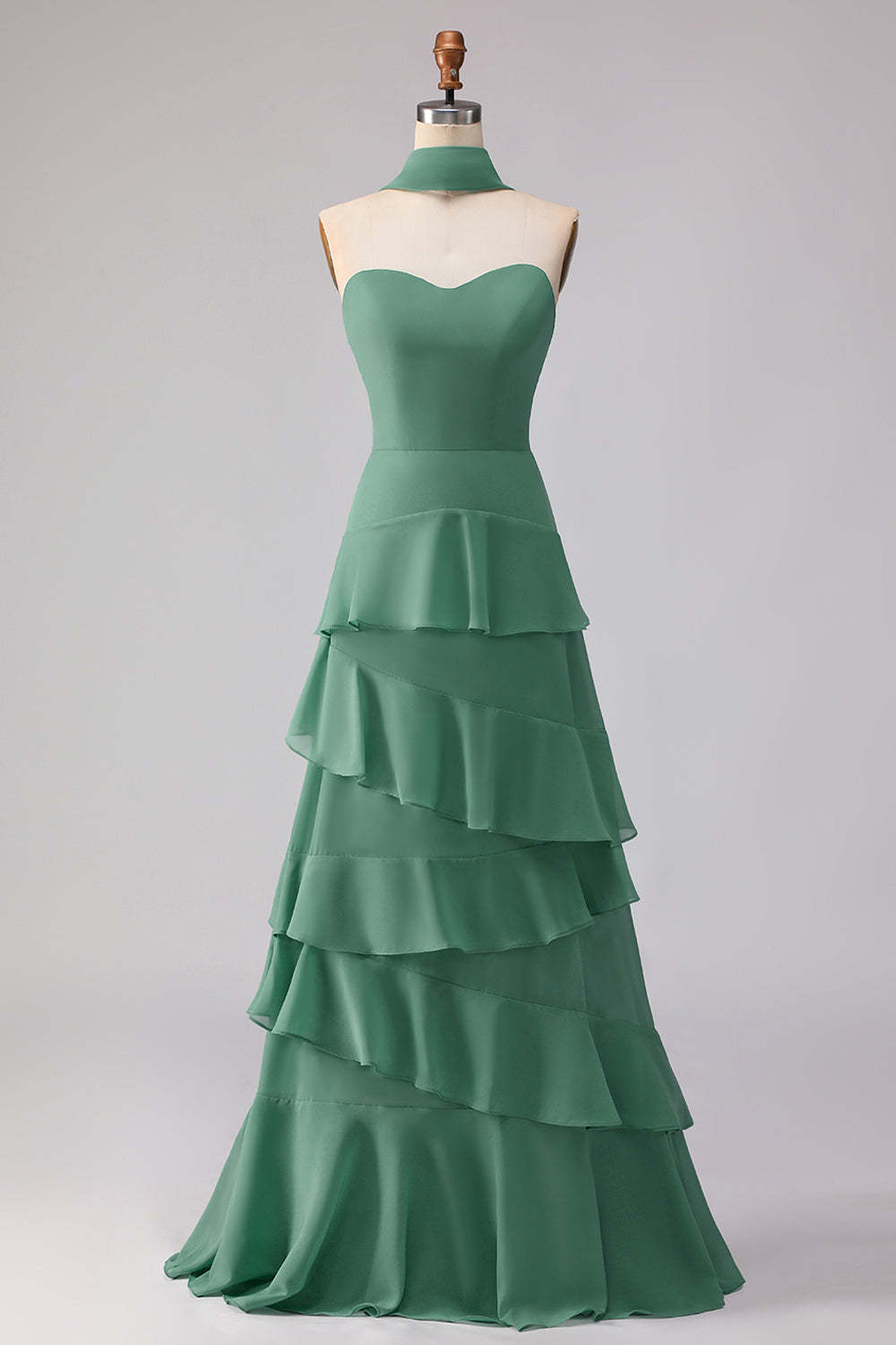 Eucalyptus Sweetheart Ruffled A Line Chiffon Maxi Bridesmaid Dress with Neck Scarf