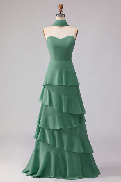 Eucalyptus Sweetheart Ruffled A Line Chiffon Maxi Bridesmaid Dress with Neck Scarf