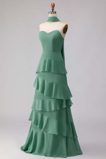 Eucalyptus Sweetheart Ruffled A Line Chiffon Maxi Bridesmaid Dress with Neck Scarf