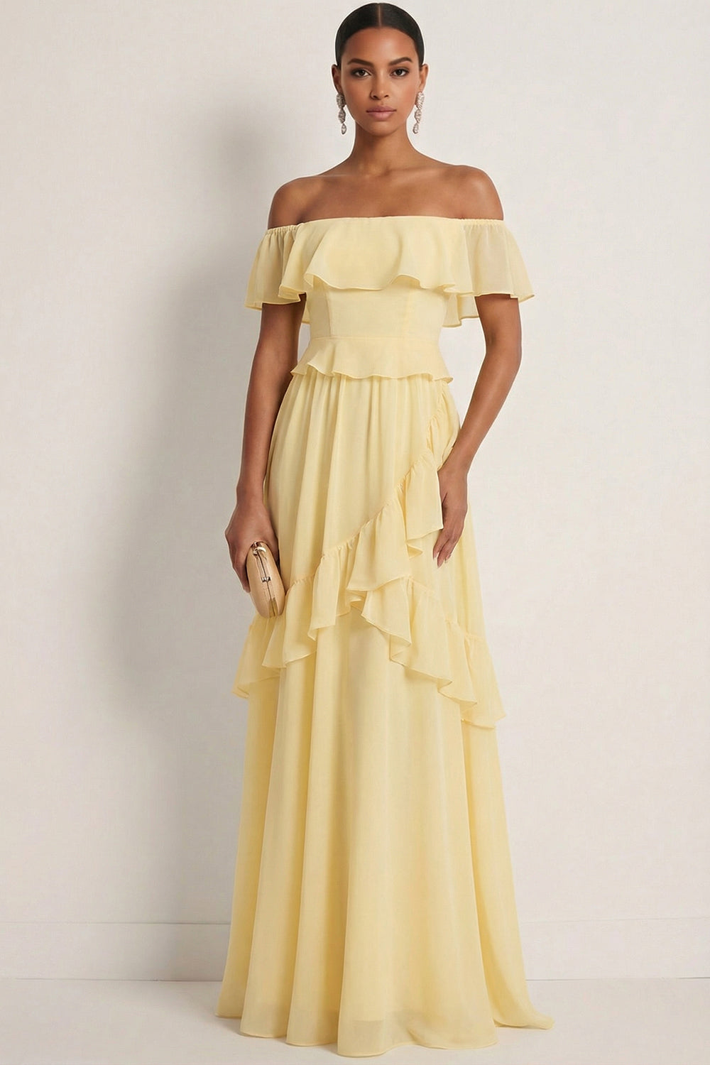 Lemon Sorbet A Line Ruffled Off the Shoulder Maxi Bridesmaid Dress