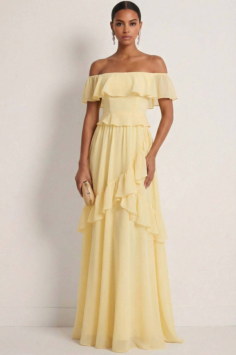 Leely Women Lemon Sorbet A Line Ruffled Maxi Bridesmaid Dress Off the Shoulder Backless Sleeveless Wedding Guest Dress