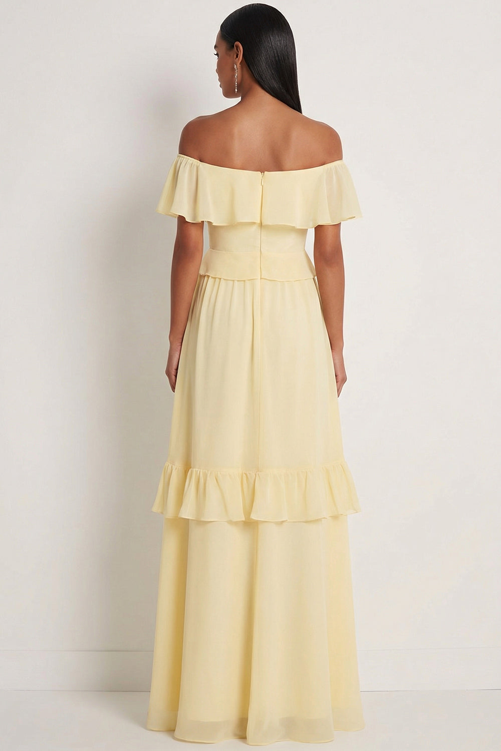 Lemon Sorbet A Line Ruffled Off the Shoulder Maxi Bridesmaid Dress