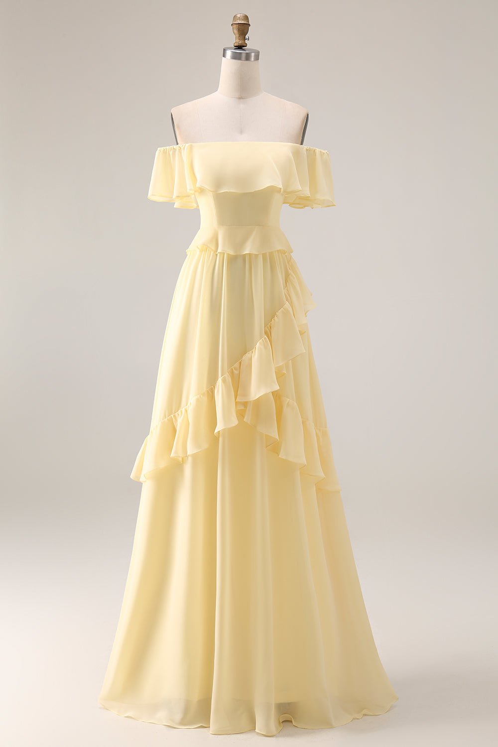 Lemon Sorbet A Line Ruffled Off the Shoulder Maxi Bridesmaid Dress