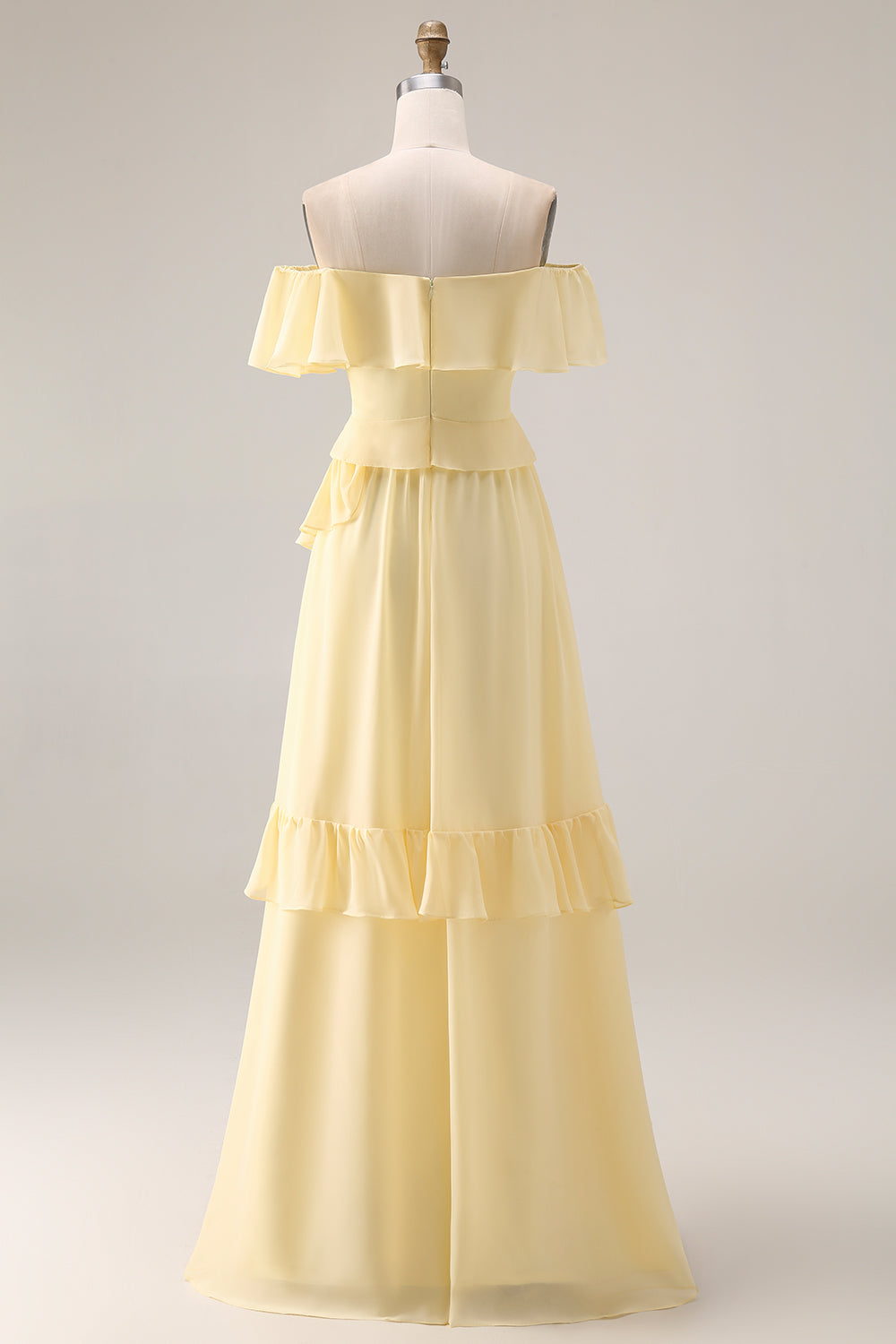Lemon Sorbet A Line Ruffled Off the Shoulder Maxi Bridesmaid Dress