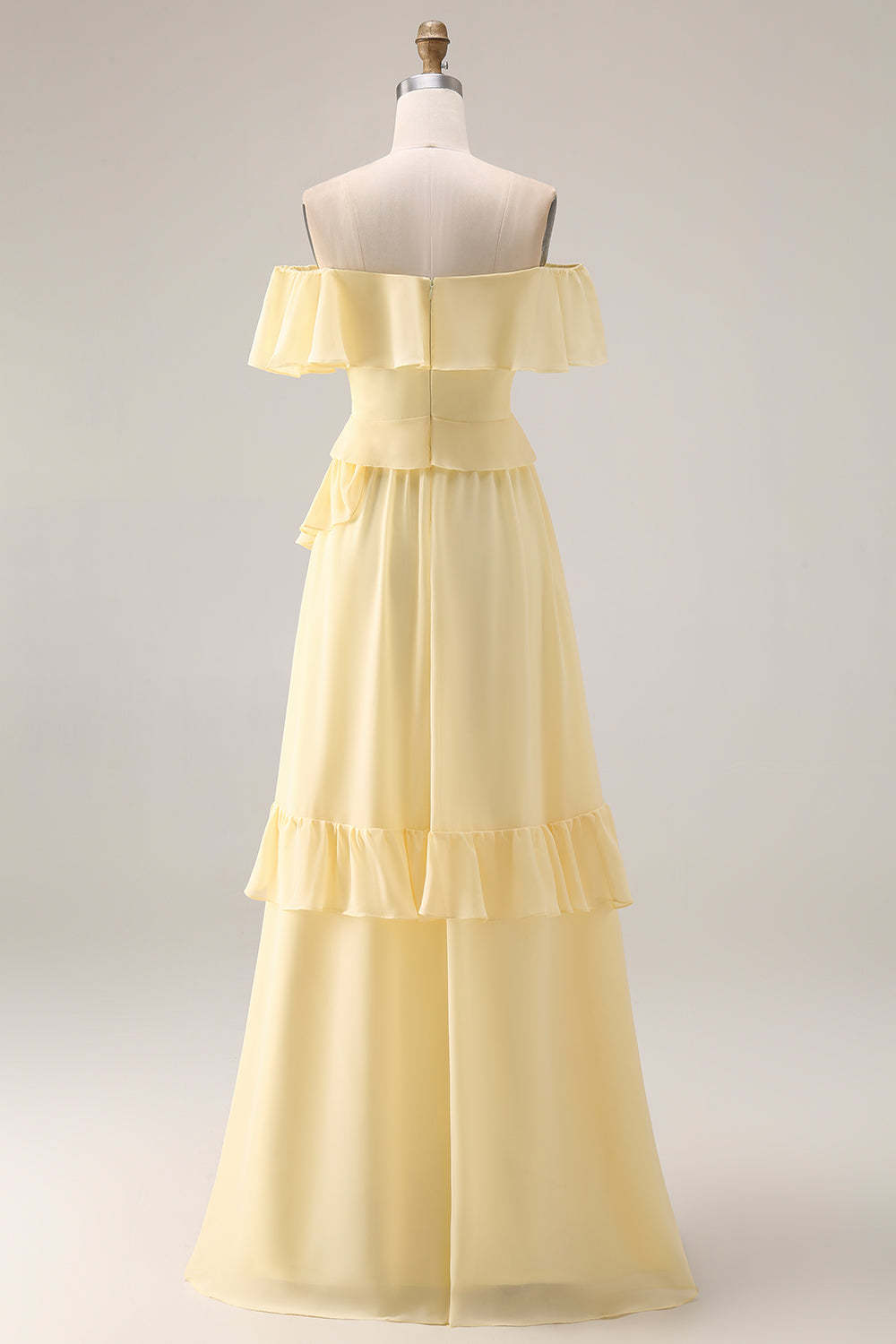 Lemon Sorbet A Line Ruffled Off the Shoulder Maxi Bridesmaid Dress
