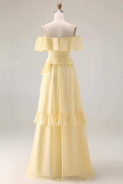 Lemon Sorbet A Line Ruffled Off the Shoulder Maxi Bridesmaid Dress