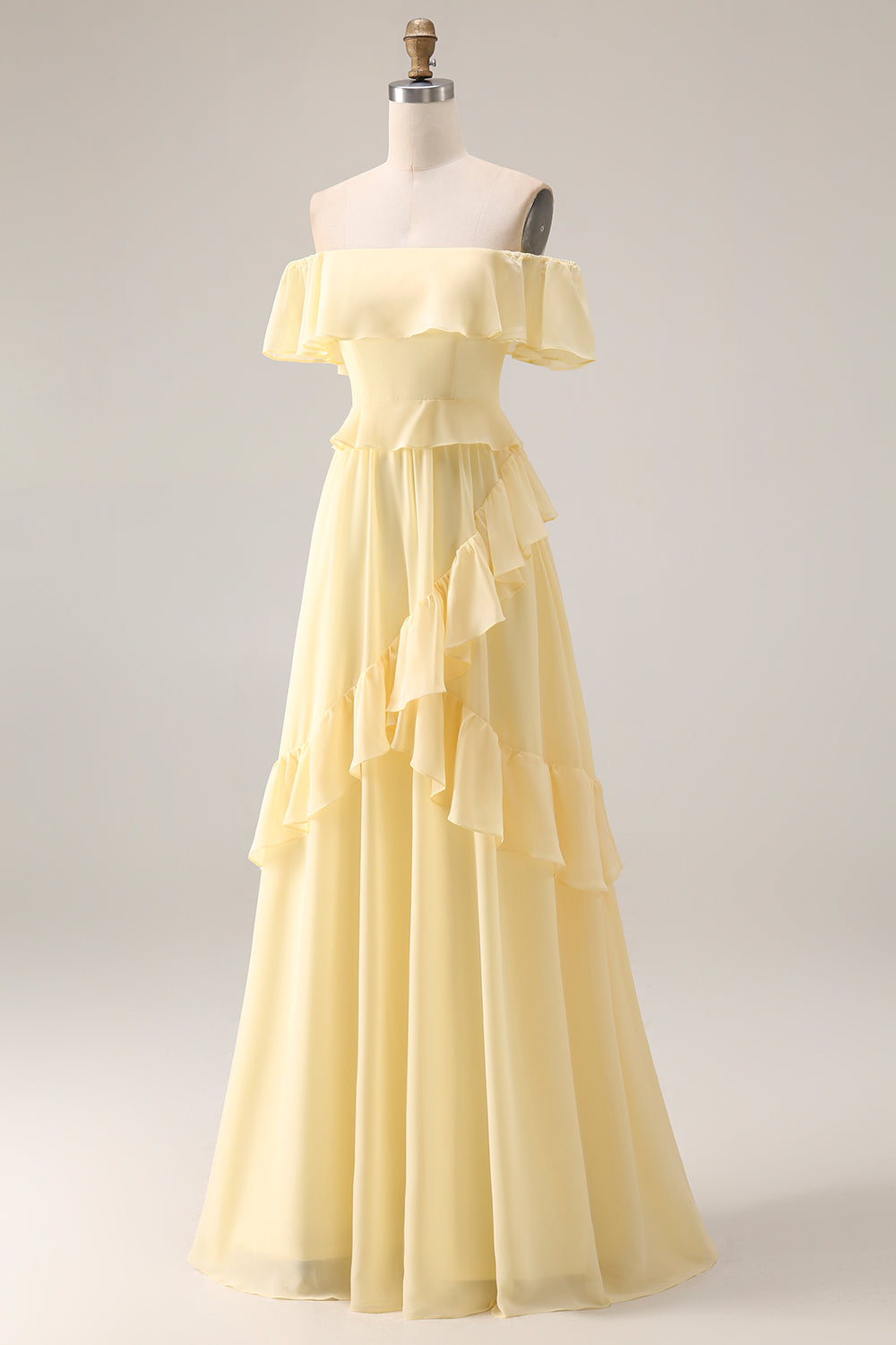Lemon Sorbet A Line Ruffled Off the Shoulder Maxi Bridesmaid Dress