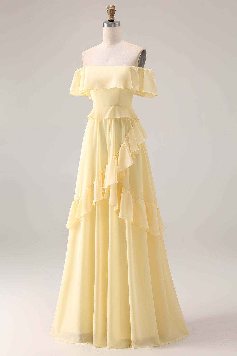 Lemon Sorbet A Line Ruffled Off the Shoulder Maxi Bridesmaid Dress