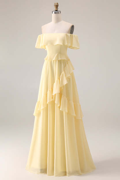 Lemon Sorbet A Line Ruffled Off the Shoulder Maxi Bridesmaid Dress