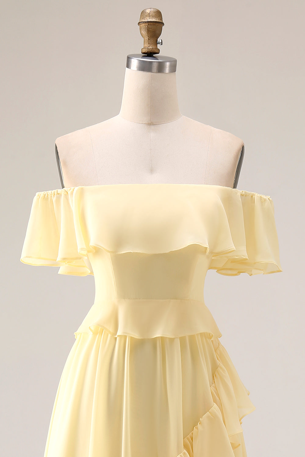 Lemon Sorbet A Line Ruffled Off the Shoulder Maxi Bridesmaid Dress