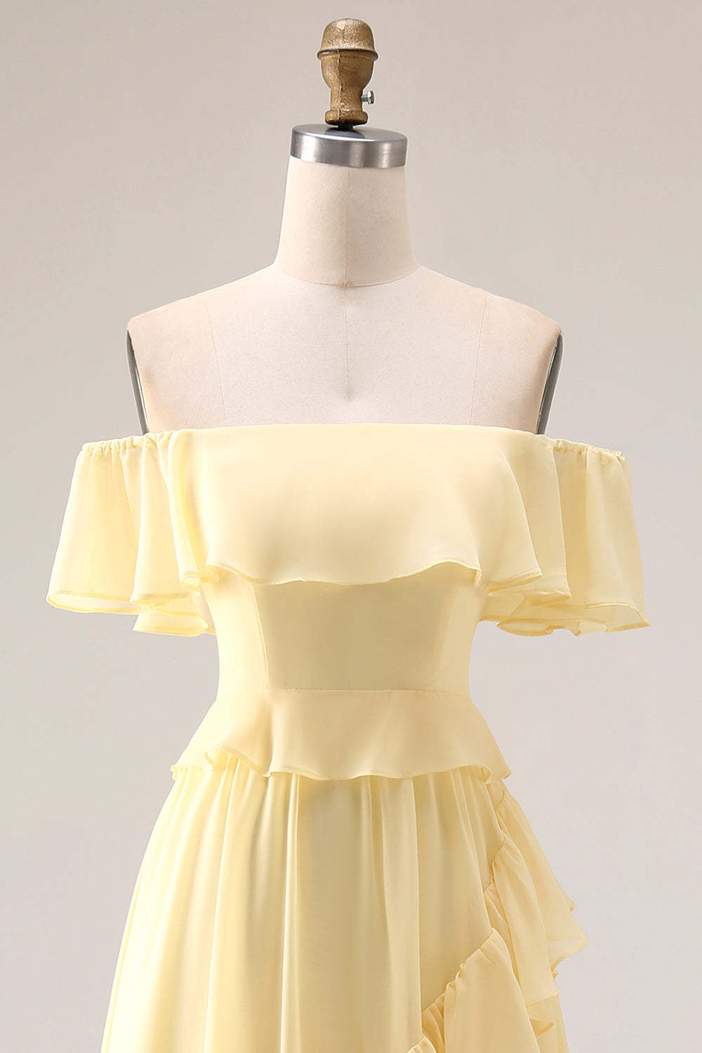 Lemon Sorbet A Line Ruffled Off the Shoulder Maxi Bridesmaid Dress