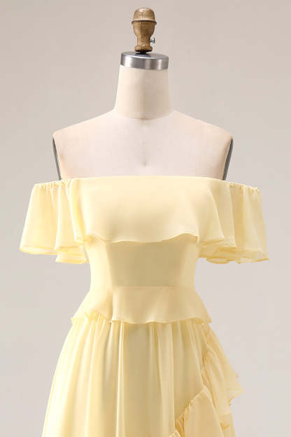 Lemon Sorbet A Line Ruffled Off the Shoulder Maxi Bridesmaid Dress
