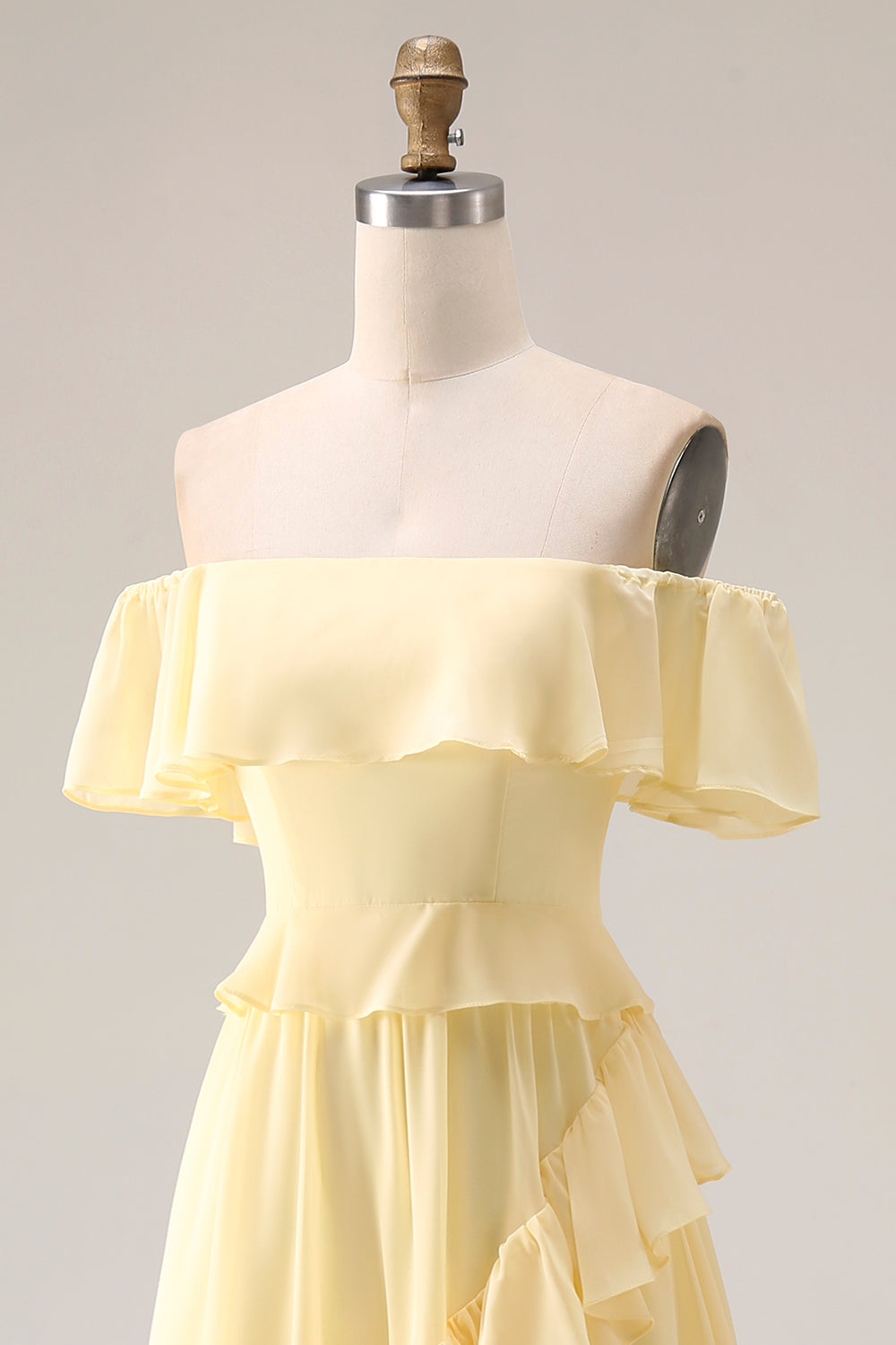 Lemon Sorbet A Line Ruffled Off the Shoulder Maxi Bridesmaid Dress