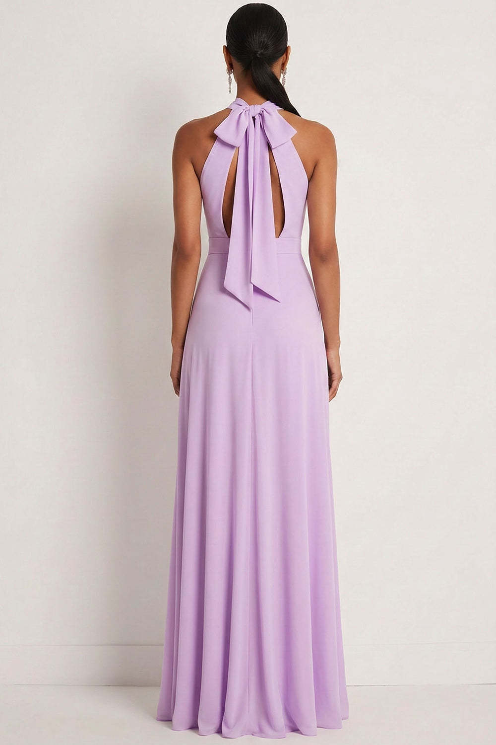 Frosted Lilac A Line Halter Neck Chiffon Long Bridesmaid Dress with Bow
