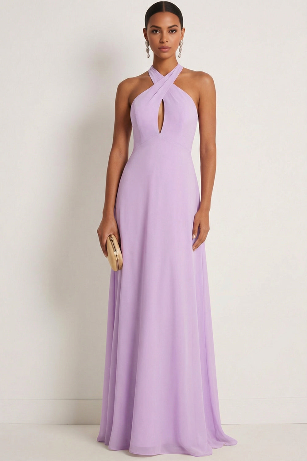 Frosted Lilac A Line Halter Neck Chiffon Long Bridesmaid Dress with Bow