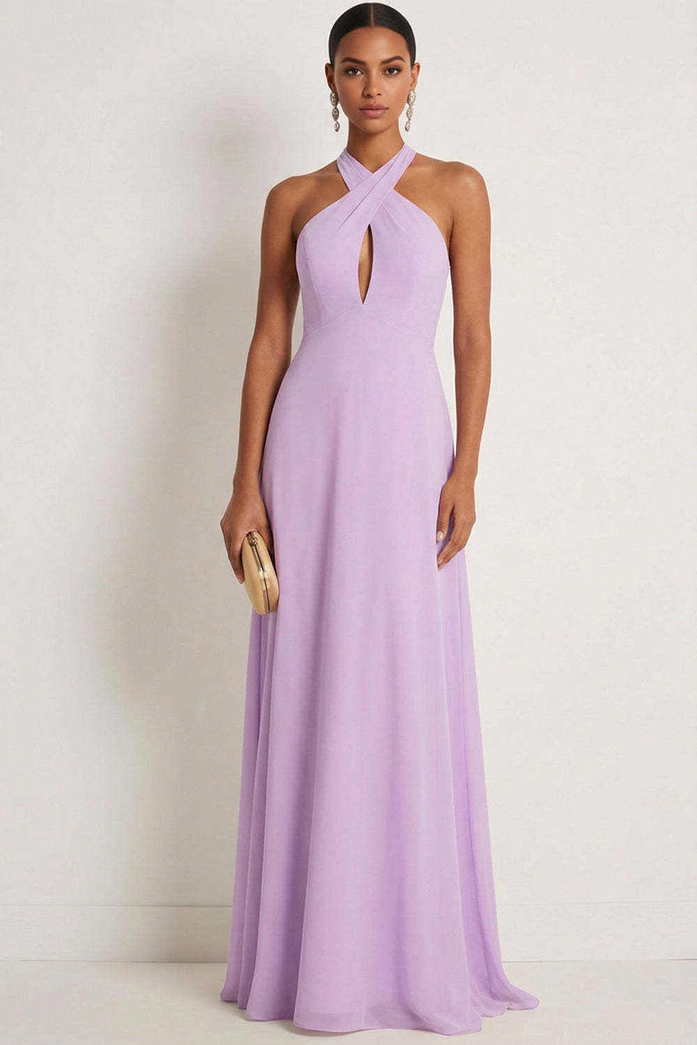 Leely Women Frosted Lilac A Line Chiffon Long Bridesmaid Dress with Bow Keyhole Sleeveless Halter Neck Wedding Guest Dress