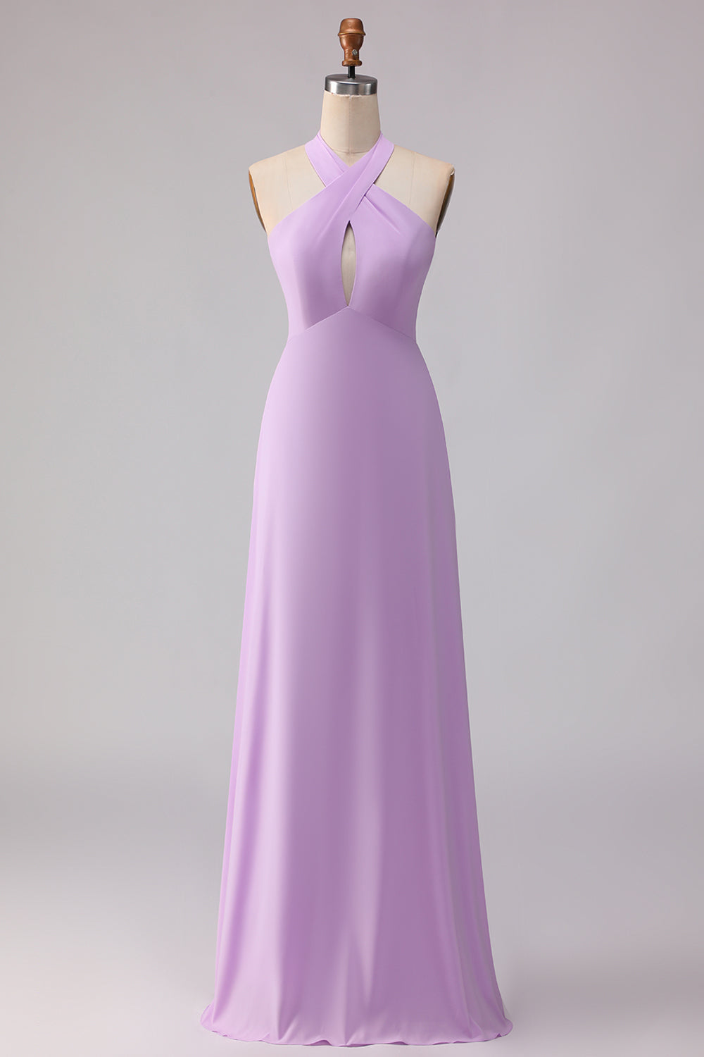 Frosted Lilac A Line Halter Neck Chiffon Long Bridesmaid Dress with Bow