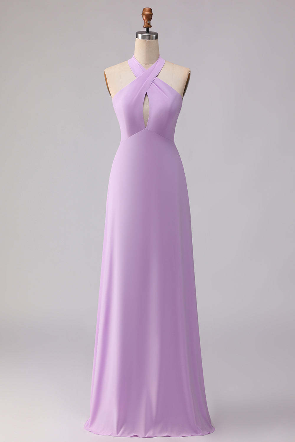 Frosted Lilac A Line Halter Neck Chiffon Long Bridesmaid Dress with Bow