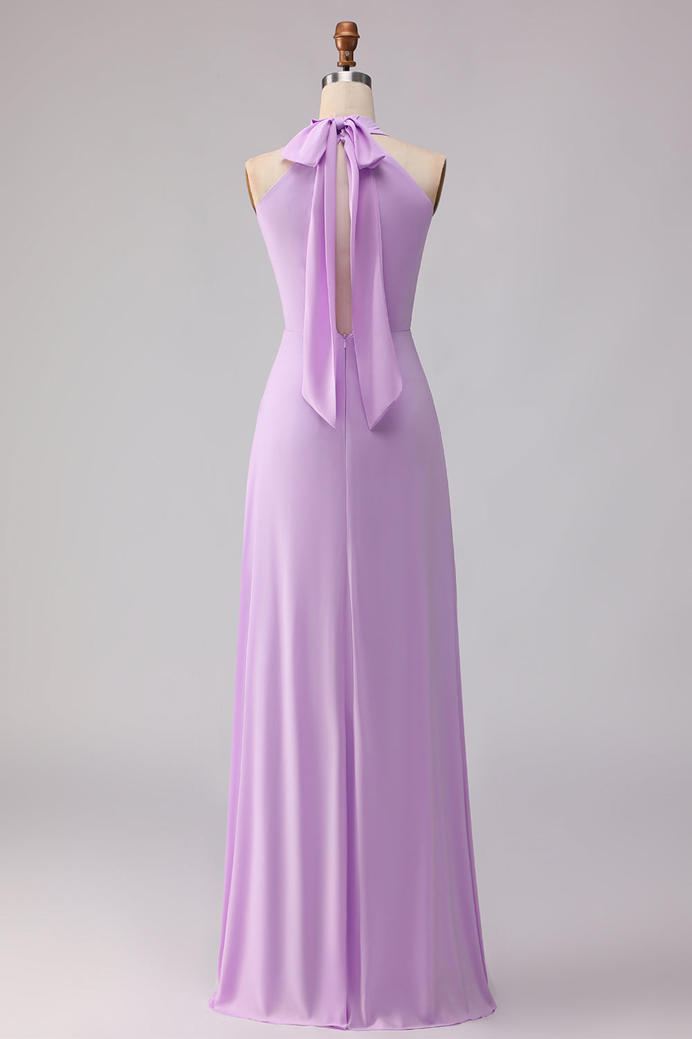 Frosted Lilac A Line Halter Neck Chiffon Long Bridesmaid Dress with Bow