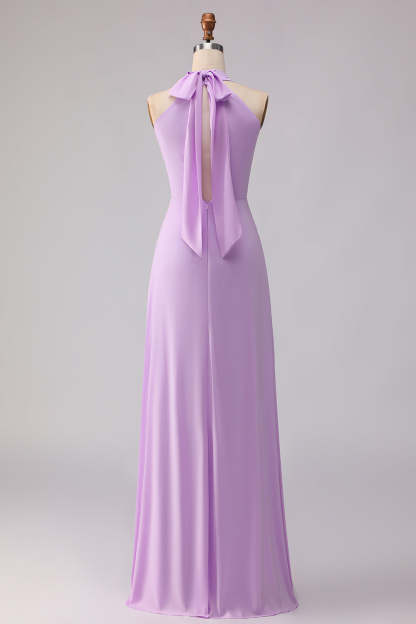 Frosted Lilac A Line Halter Neck Chiffon Long Bridesmaid Dress with Bow