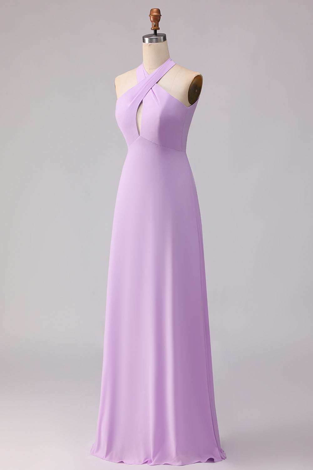 Frosted Lilac A Line Halter Neck Chiffon Long Bridesmaid Dress with Bow