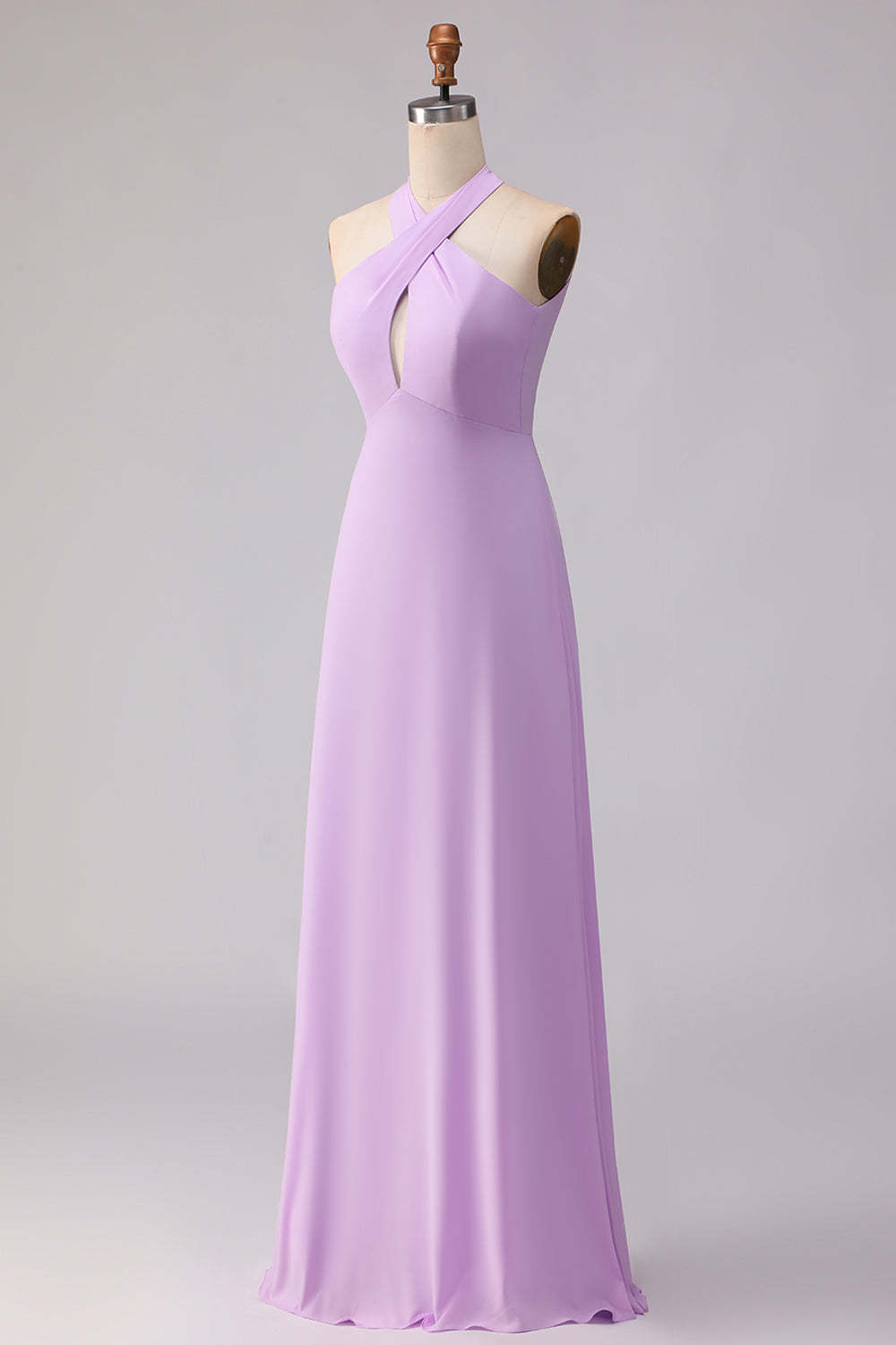 Frosted Lilac A Line Halter Neck Chiffon Long Bridesmaid Dress with Bow