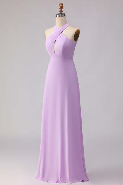 Frosted Lilac A Line Halter Neck Chiffon Long Bridesmaid Dress with Bow