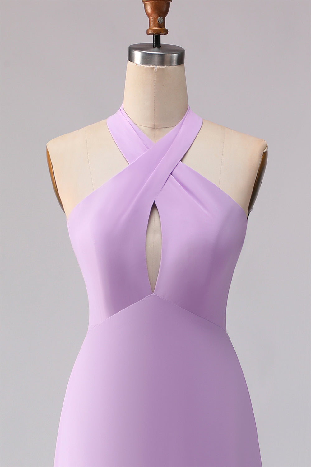 Frosted Lilac A Line Halter Neck Chiffon Long Bridesmaid Dress with Bow
