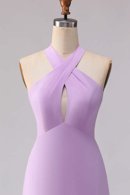 Frosted Lilac A Line Halter Neck Chiffon Long Bridesmaid Dress with Bow
