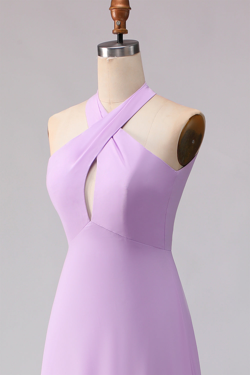 Frosted Lilac A Line Halter Neck Chiffon Long Bridesmaid Dress with Bow