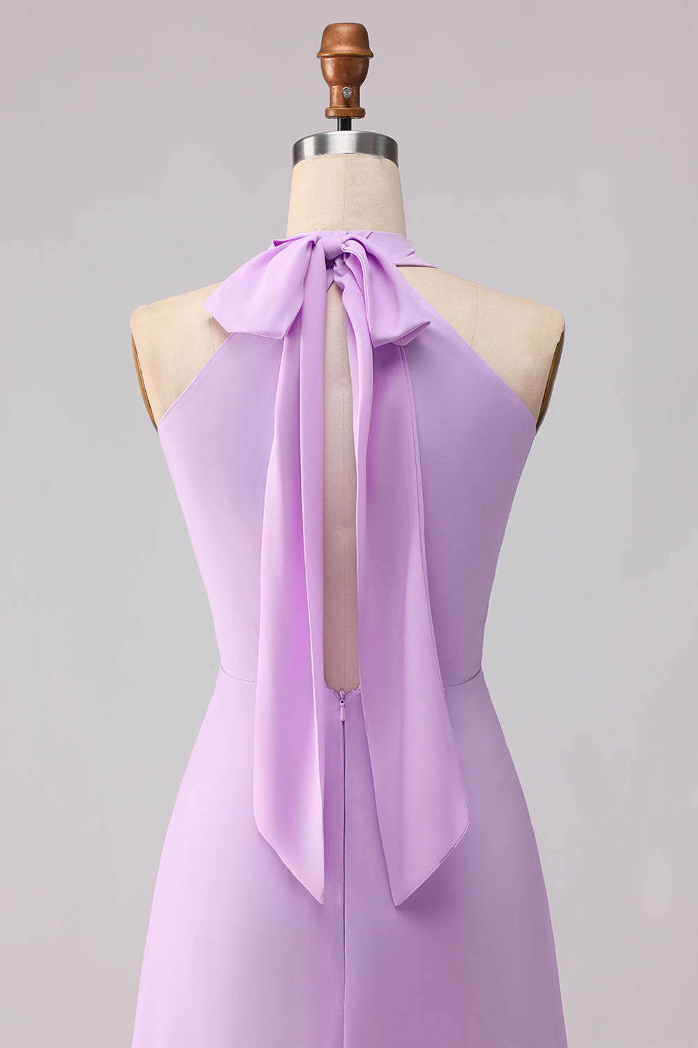 Frosted Lilac A Line Halter Neck Chiffon Long Bridesmaid Dress with Bow