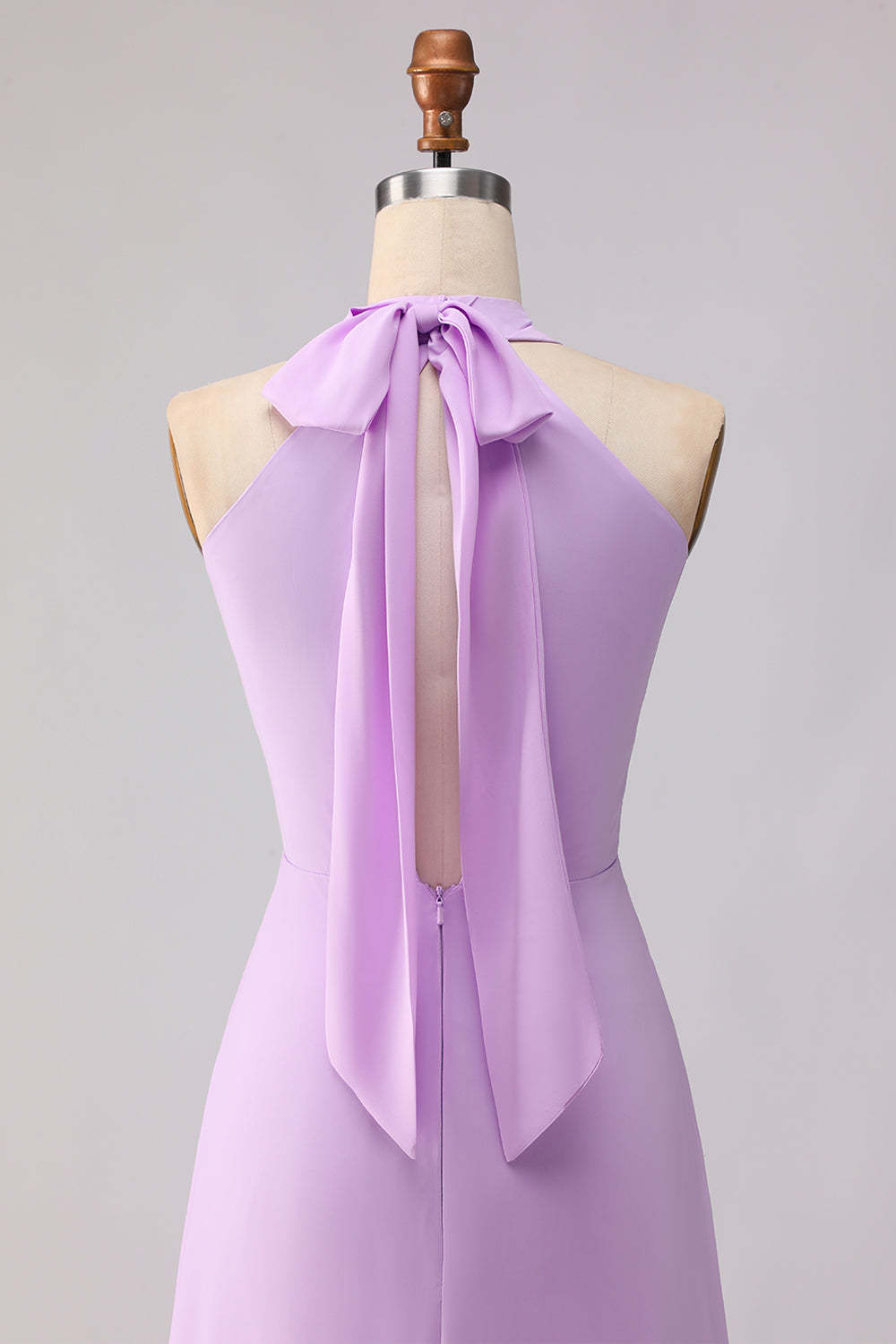 Frosted Lilac A Line Halter Neck Chiffon Long Bridesmaid Dress with Bow