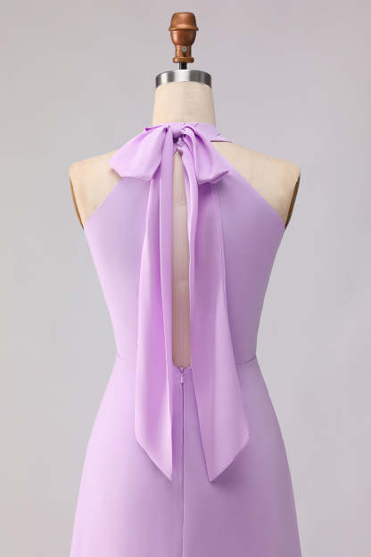 Frosted Lilac A Line Halter Neck Chiffon Long Bridesmaid Dress with Bow