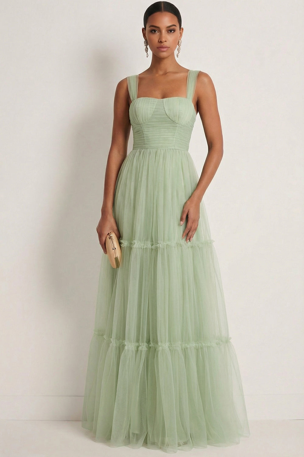Dusty Sage Tulle Spaghetti Straps Tiered Maxi Bridesmaid Dress