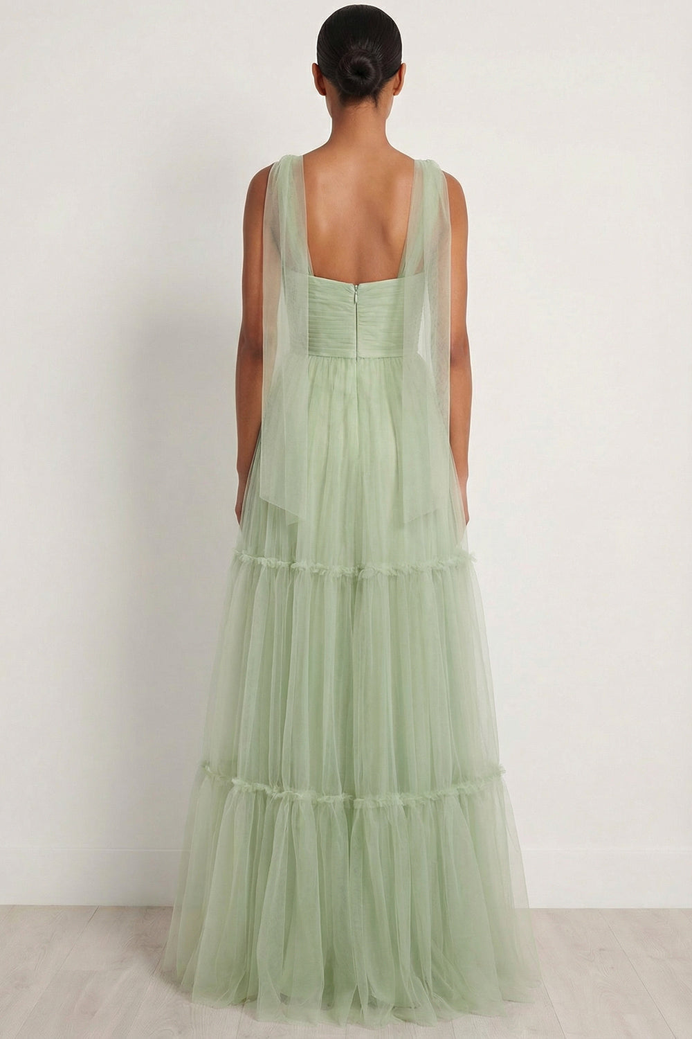 Dusty Sage Tulle Spaghetti Straps Tiered Maxi Bridesmaid Dress
