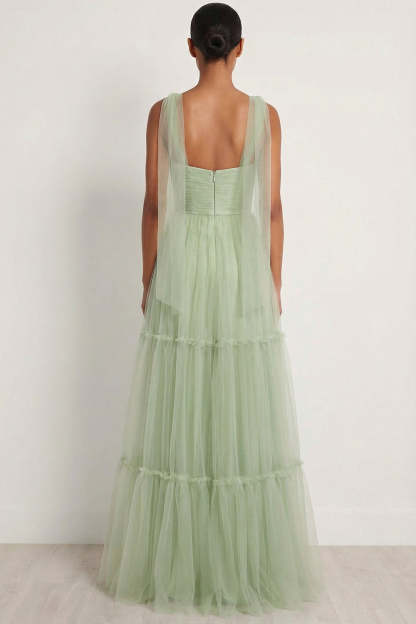 Dusty Sage Tulle Spaghetti Straps Tiered Maxi Bridesmaid Dress