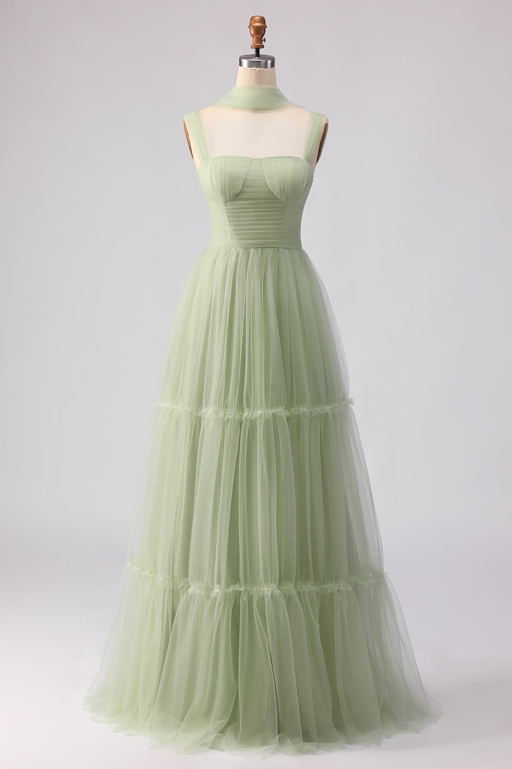 Dusty Sage Tulle Spaghetti Straps Tiered Maxi Bridesmaid Dress
