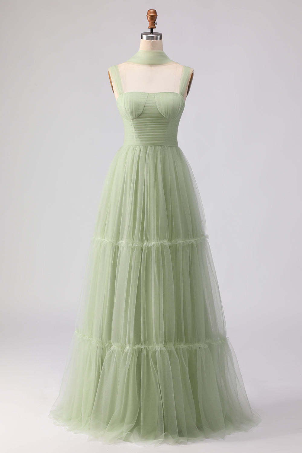 Dusty Sage Tulle Spaghetti Straps Tiered Maxi Bridesmaid Dress