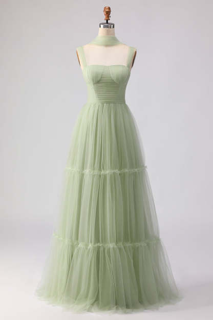 Dusty Sage Tulle Spaghetti Straps Tiered Maxi Bridesmaid Dress