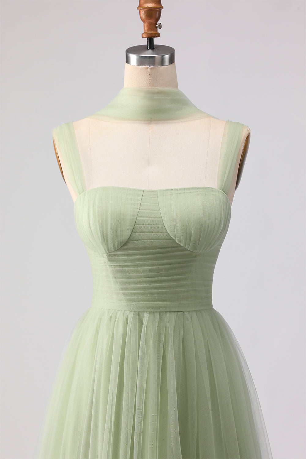 Dusty Sage Tulle Spaghetti Straps Tiered Maxi Bridesmaid Dress