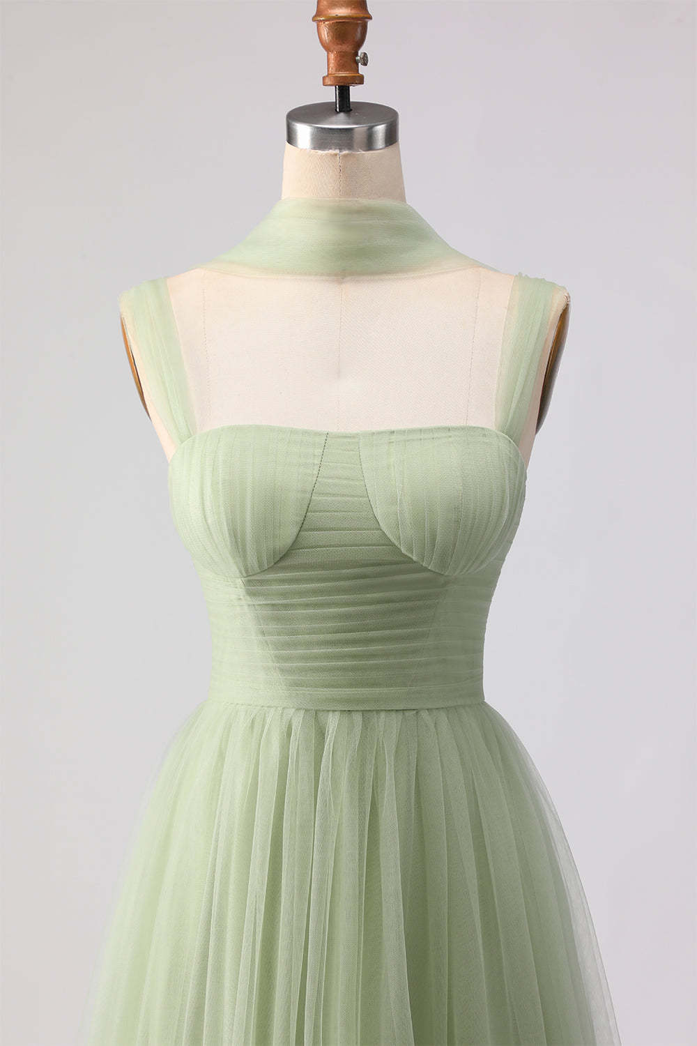 Dusty Sage Tulle Spaghetti Straps Tiered Maxi Bridesmaid Dress