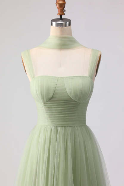 Dusty Sage Tulle Spaghetti Straps Tiered Maxi Bridesmaid Dress